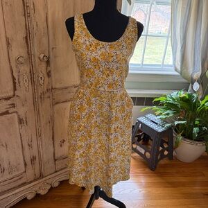 PACT Reverie Yellow Floral Jolene Tie Back Midi dress. Organic Cotton. Medium.